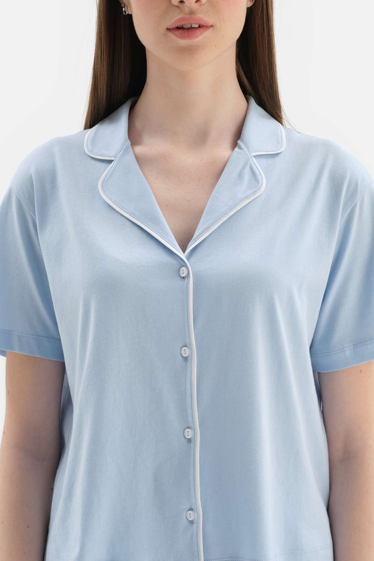 LIGHT BLUE SHIRT COLLAR BACK PRINTING DETAILED KNITTED PAJAMAS SUIT