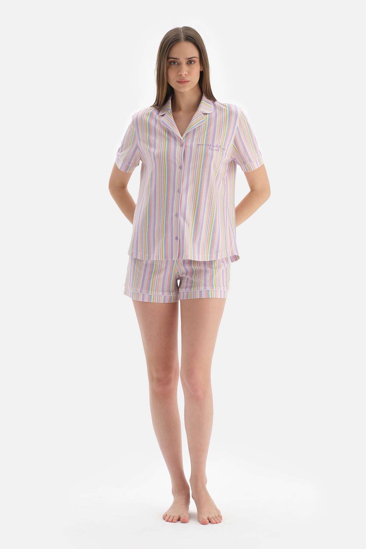 MULTICOLOUR SHIRT COLLAR STRIPED KNITTED PAJAMAS SUIT