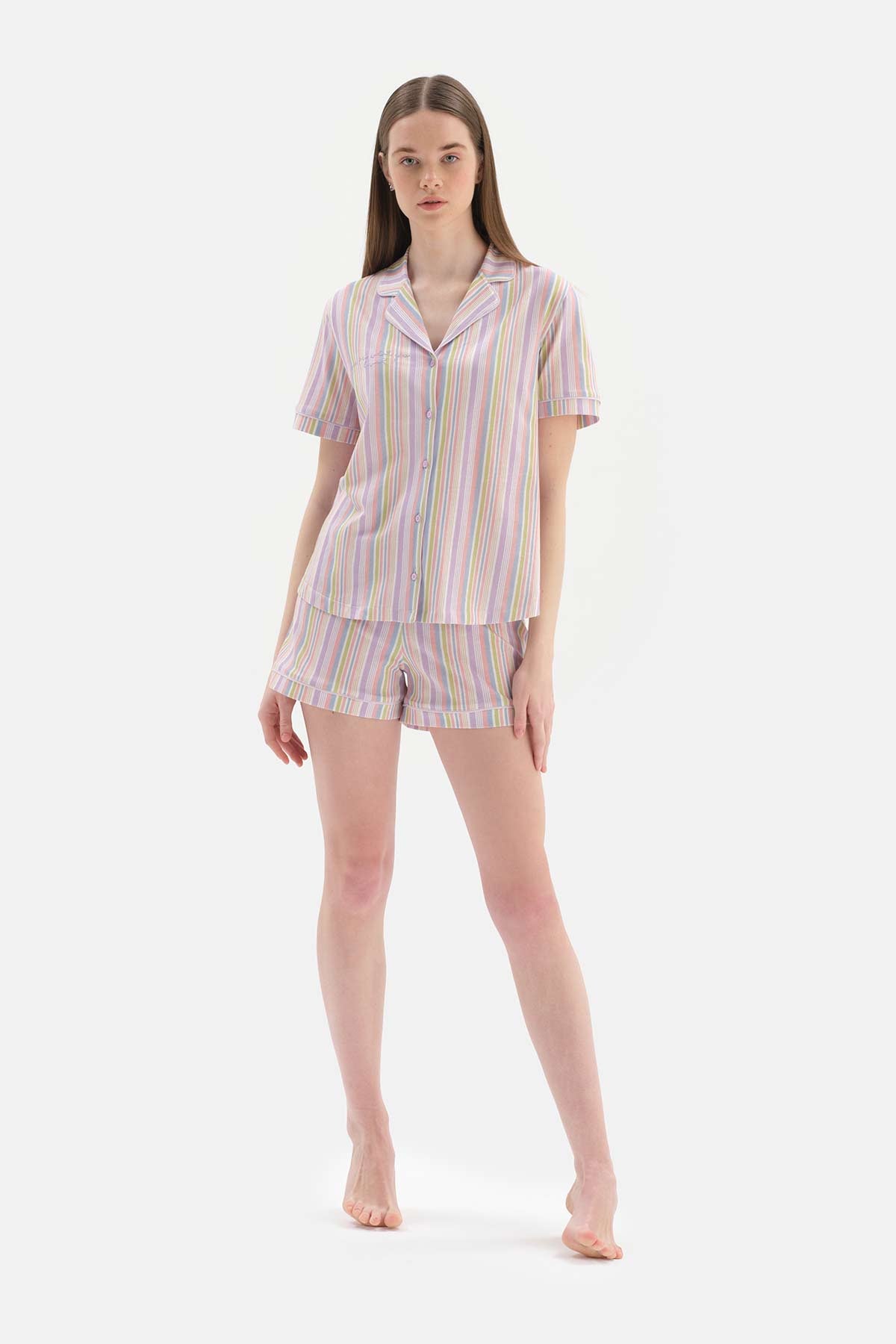 MULTICOLOUR SHIRT COLLAR STRIPED KNITTED PAJAMAS SUIT