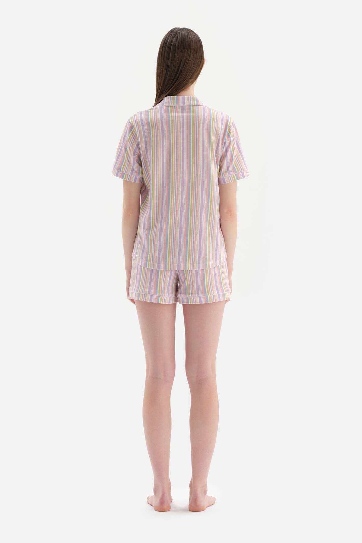 MULTICOLOUR SHIRT COLLAR STRIPED KNITTED PAJAMAS SUIT