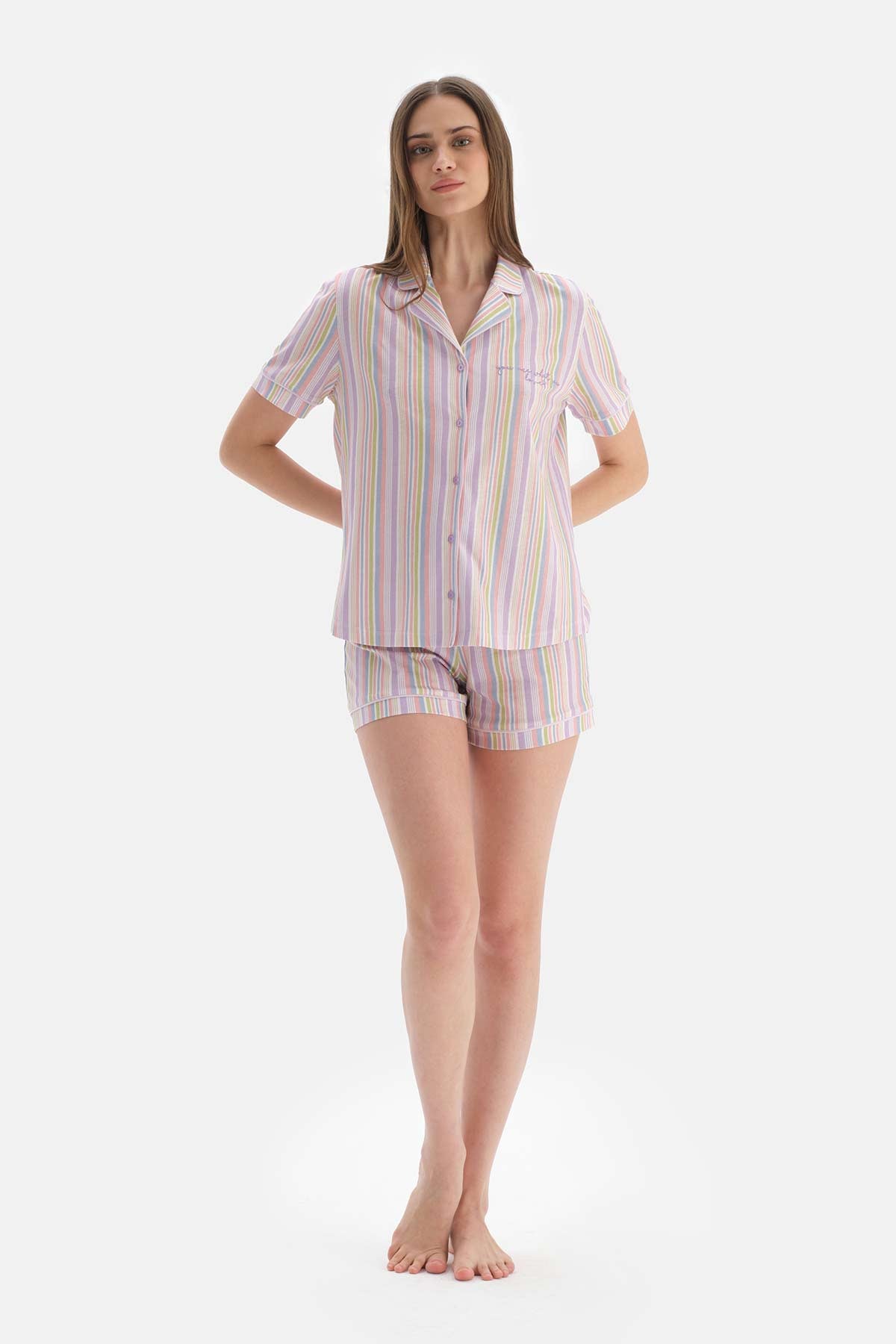 MULTICOLOUR SHIRT COLLAR STRIPED KNITTED PAJAMAS SUIT