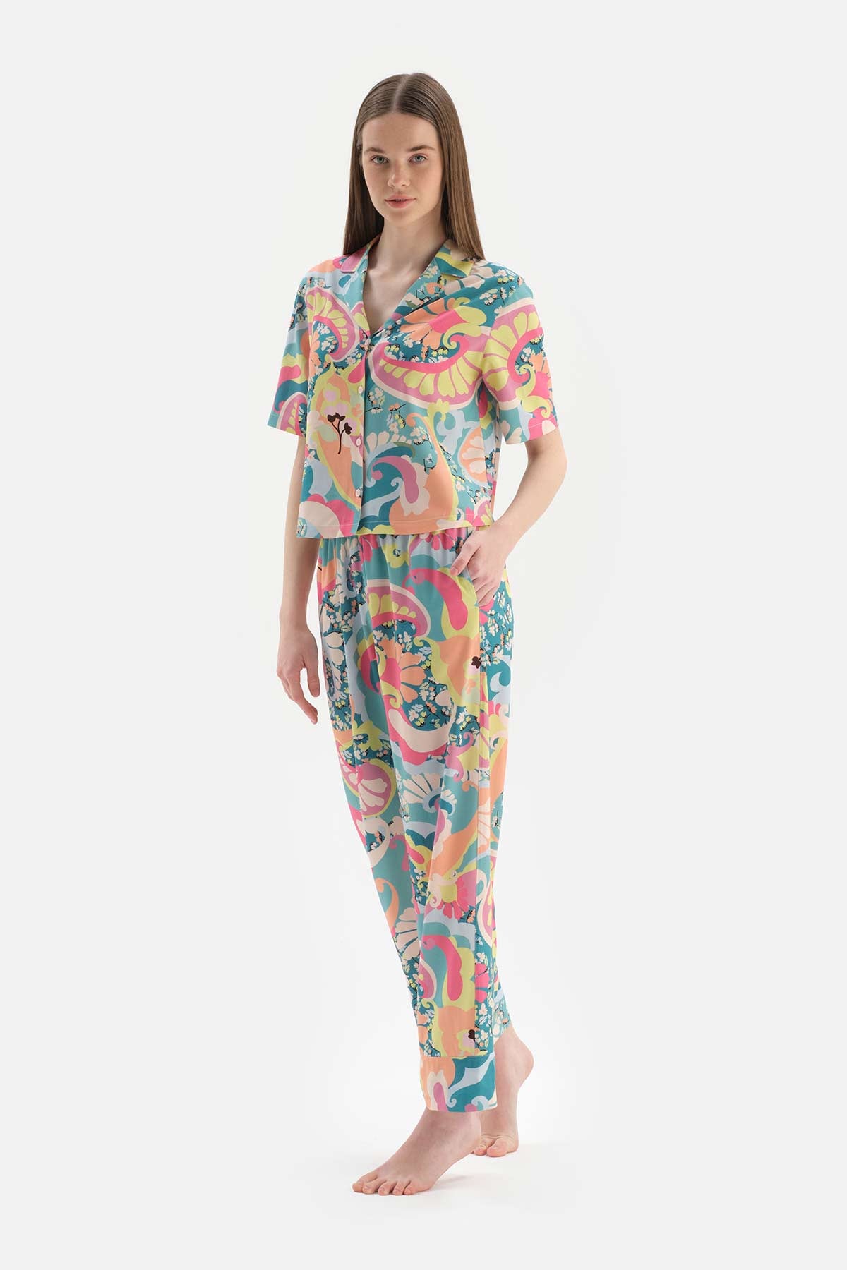 MULTICOLOUR SHIRT COLLAR FLORAL WOVEN PAJAMAS SUIT