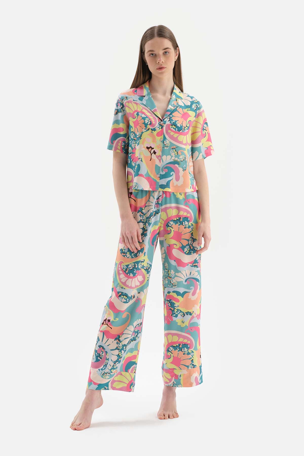 MULTICOLOUR SHIRT COLLAR FLORAL WOVEN PAJAMAS SUIT