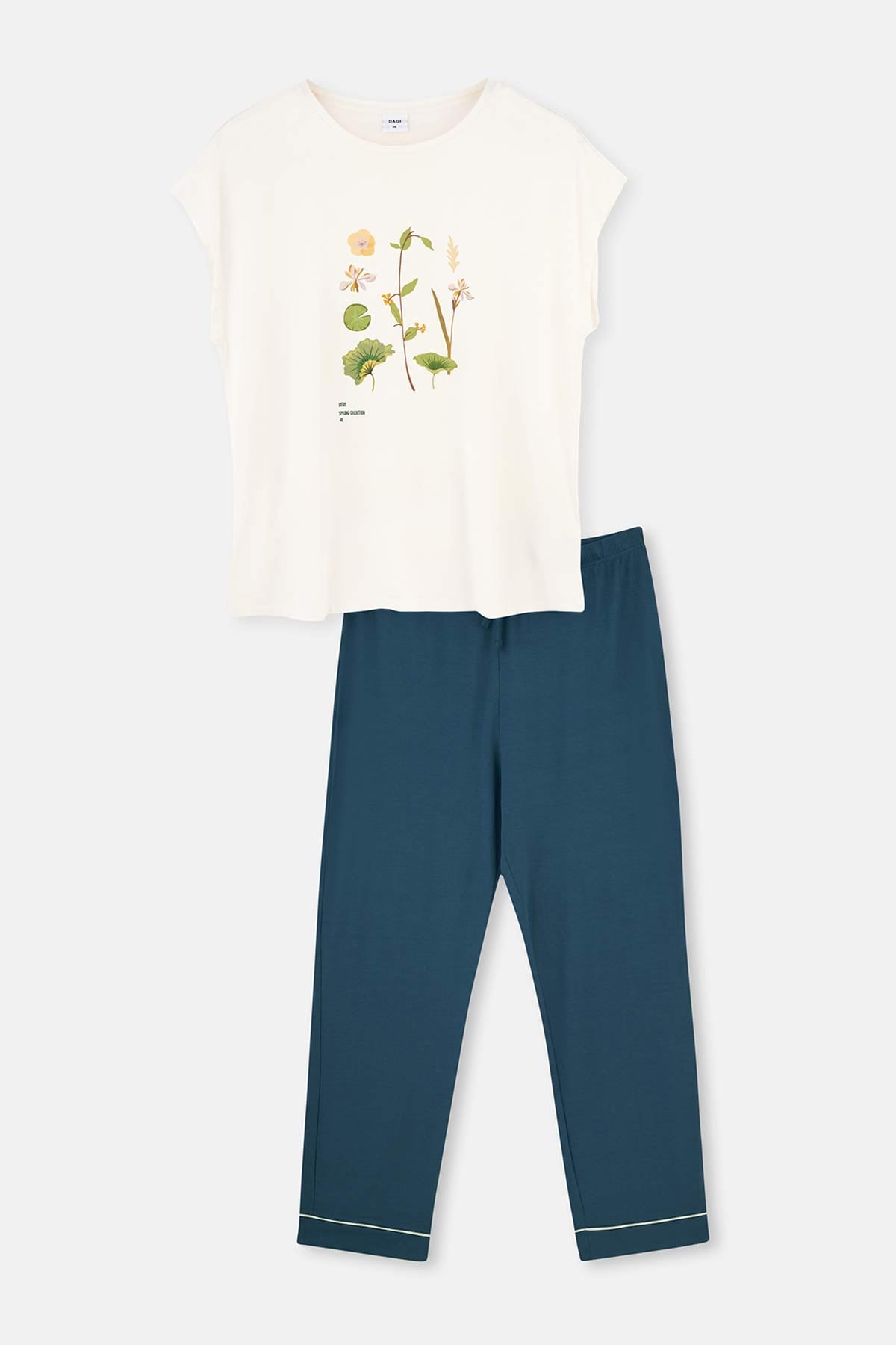 WHITE KNITTED PAJAMAS SUIT WITH CREW- NECK PRINT DETAILS