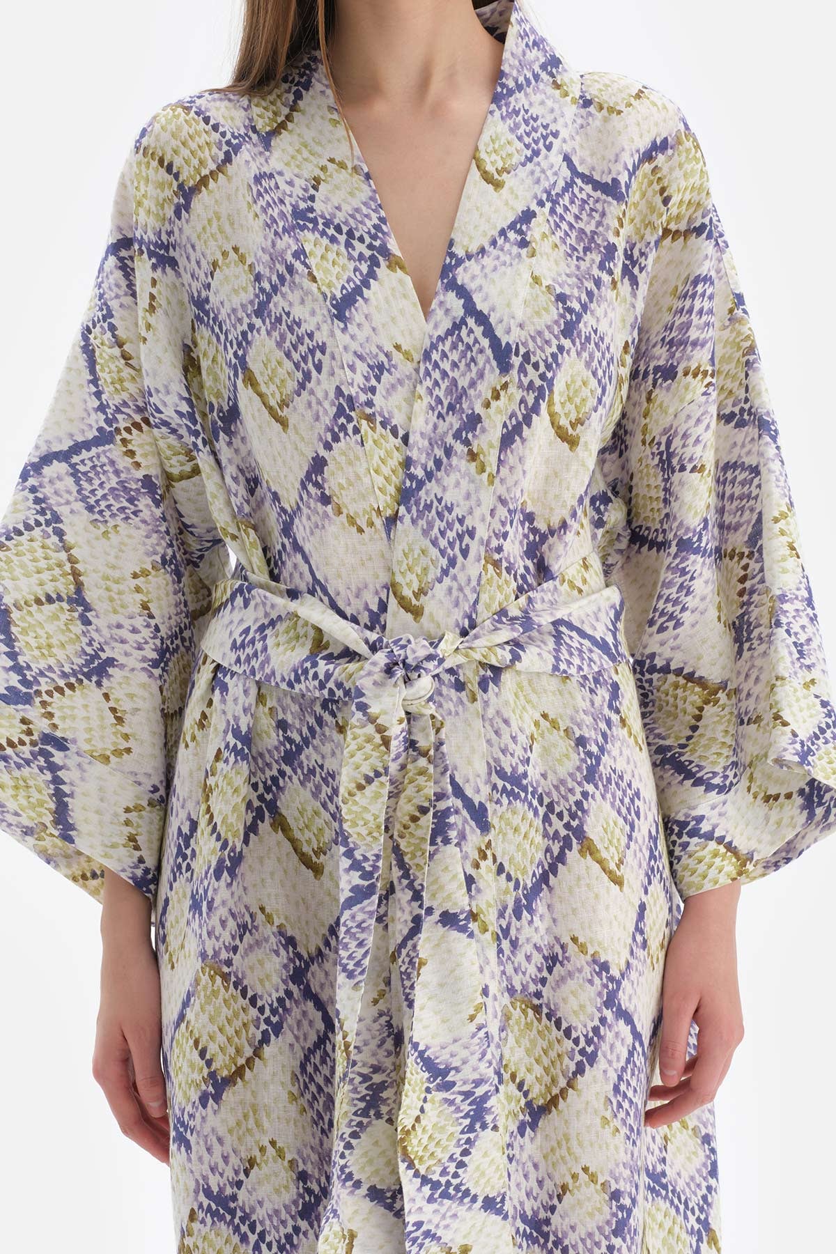 Yeşil - Mavi Keten Uzun Kimono