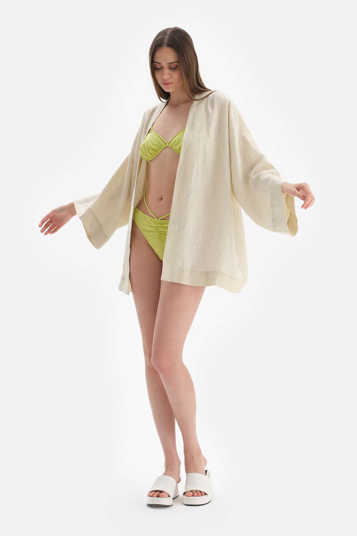 Bej Keten Kısa Kimono