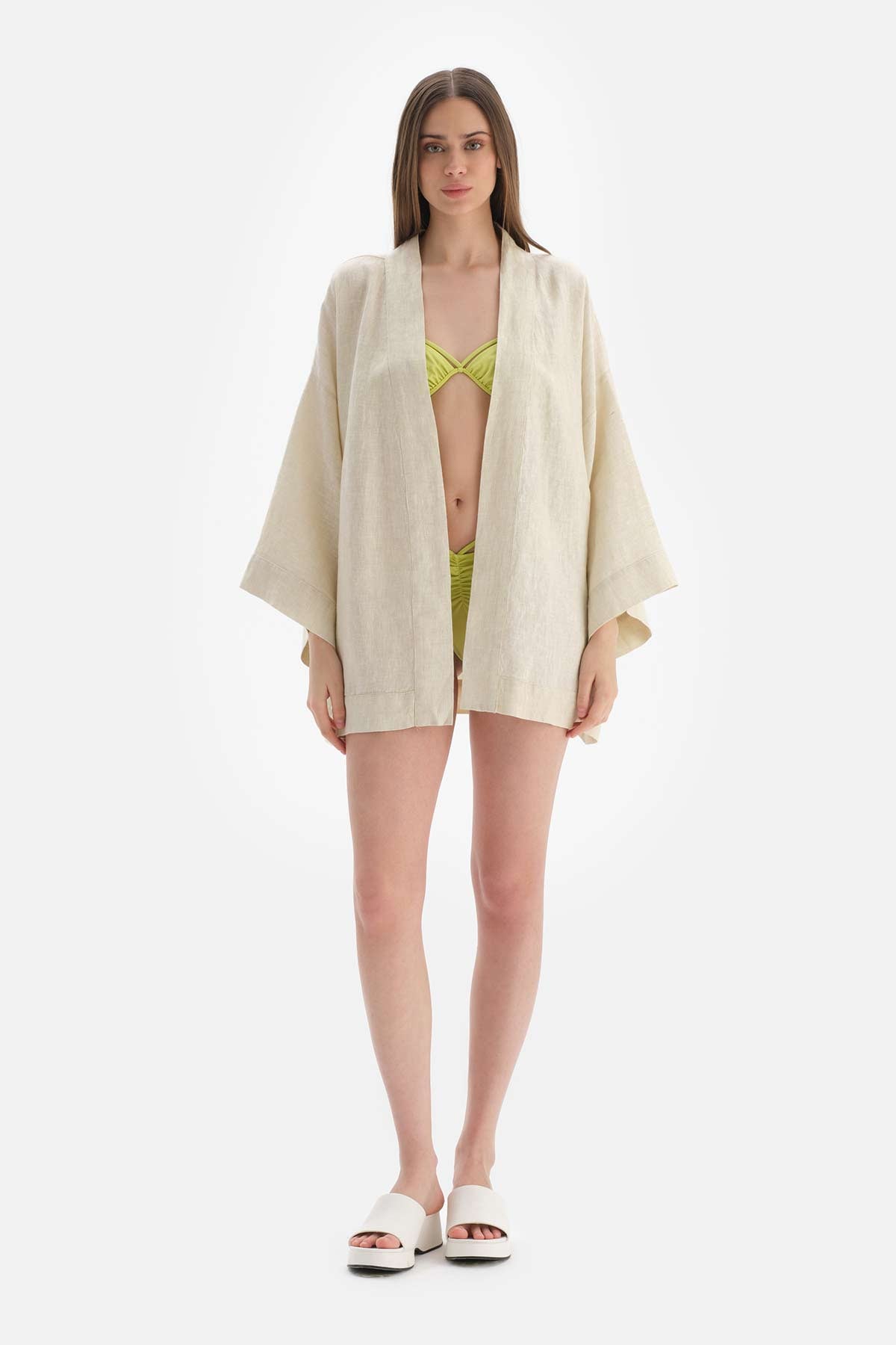 Bej Keten Kısa Kimono