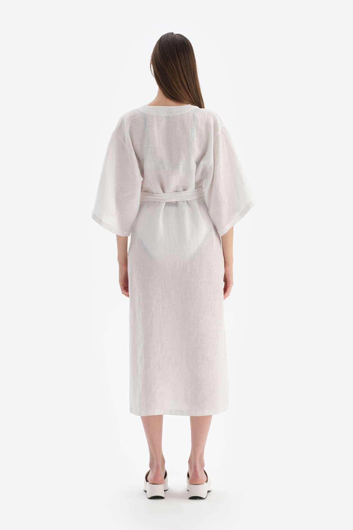 Beyaz Keten Uzun Kimono