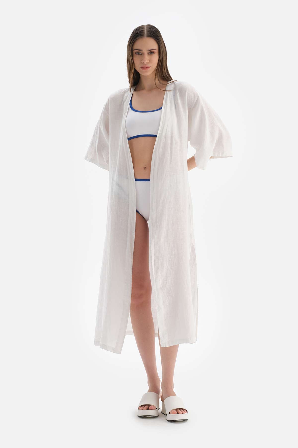 Beyaz Keten Uzun Kimono