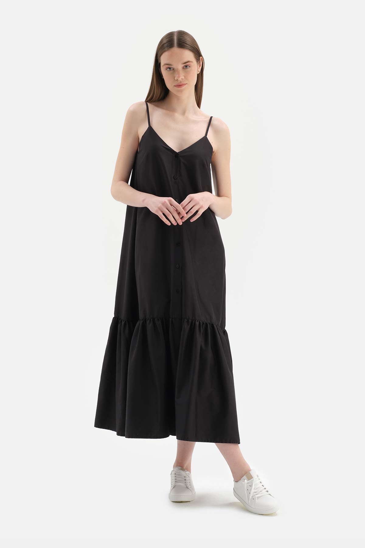 BLACK STRAPPED LONG WOVEN DRESS