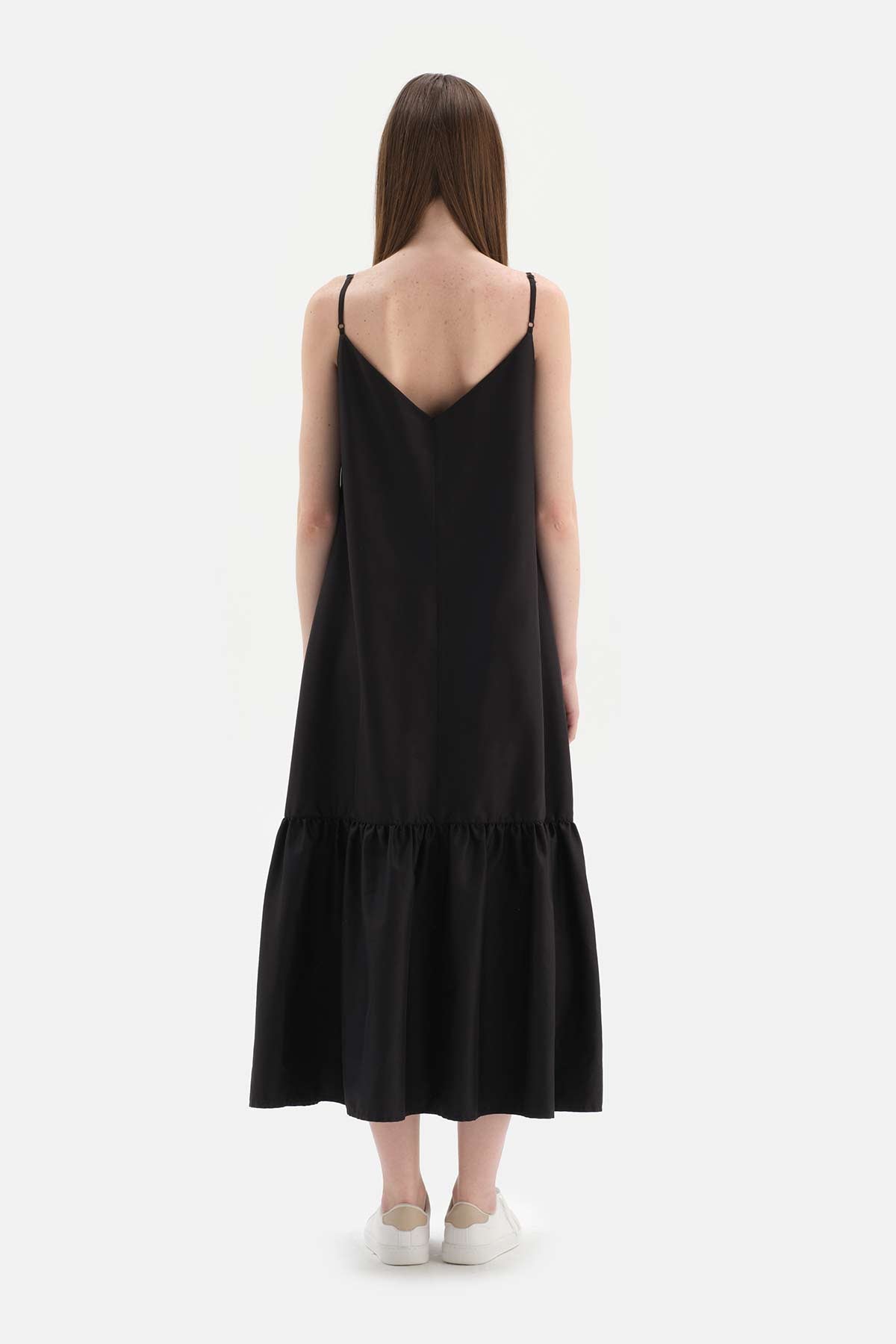 BLACK STRAPPED LONG WOVEN DRESS