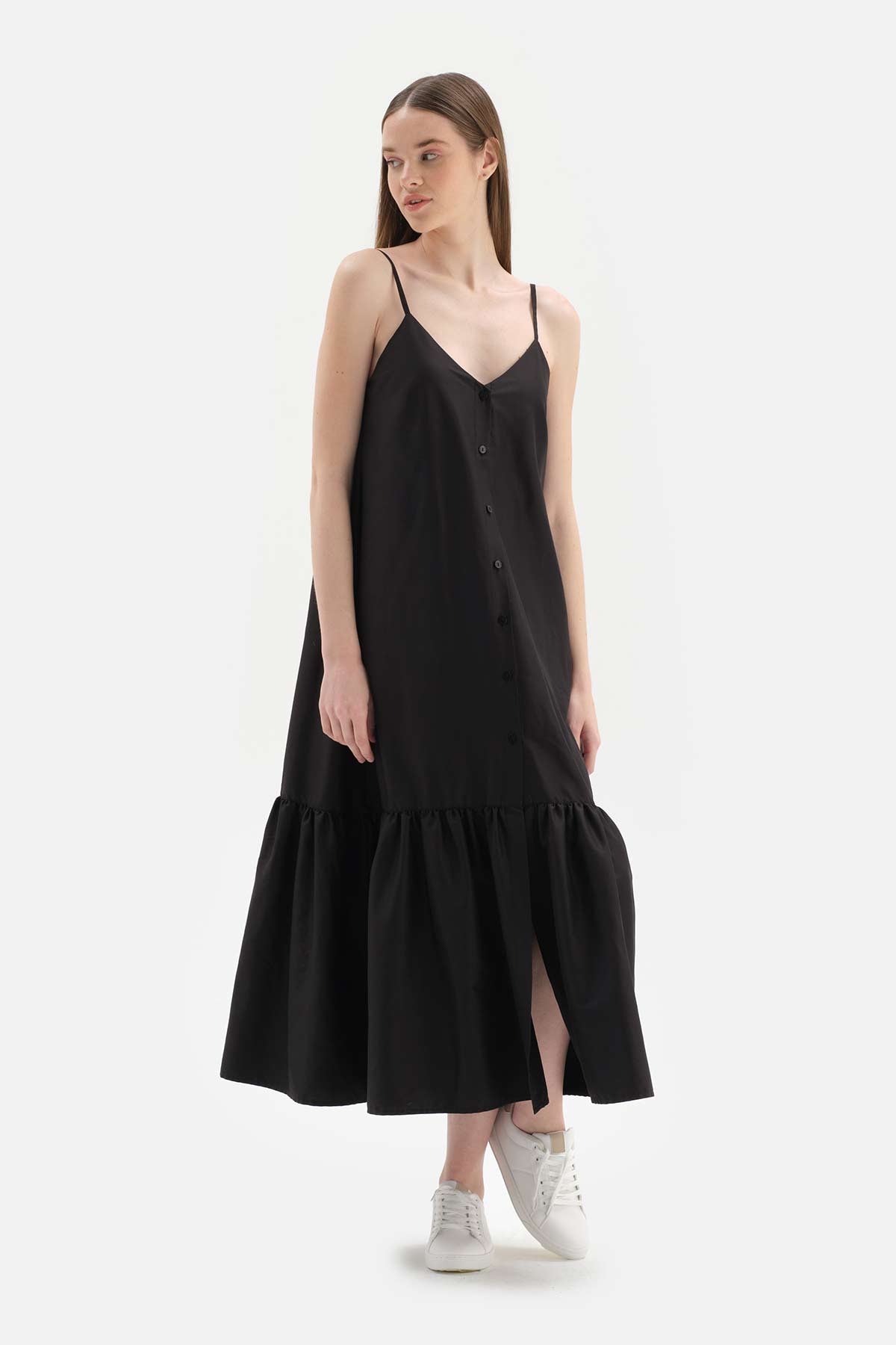 BLACK STRAPPED LONG WOVEN DRESS