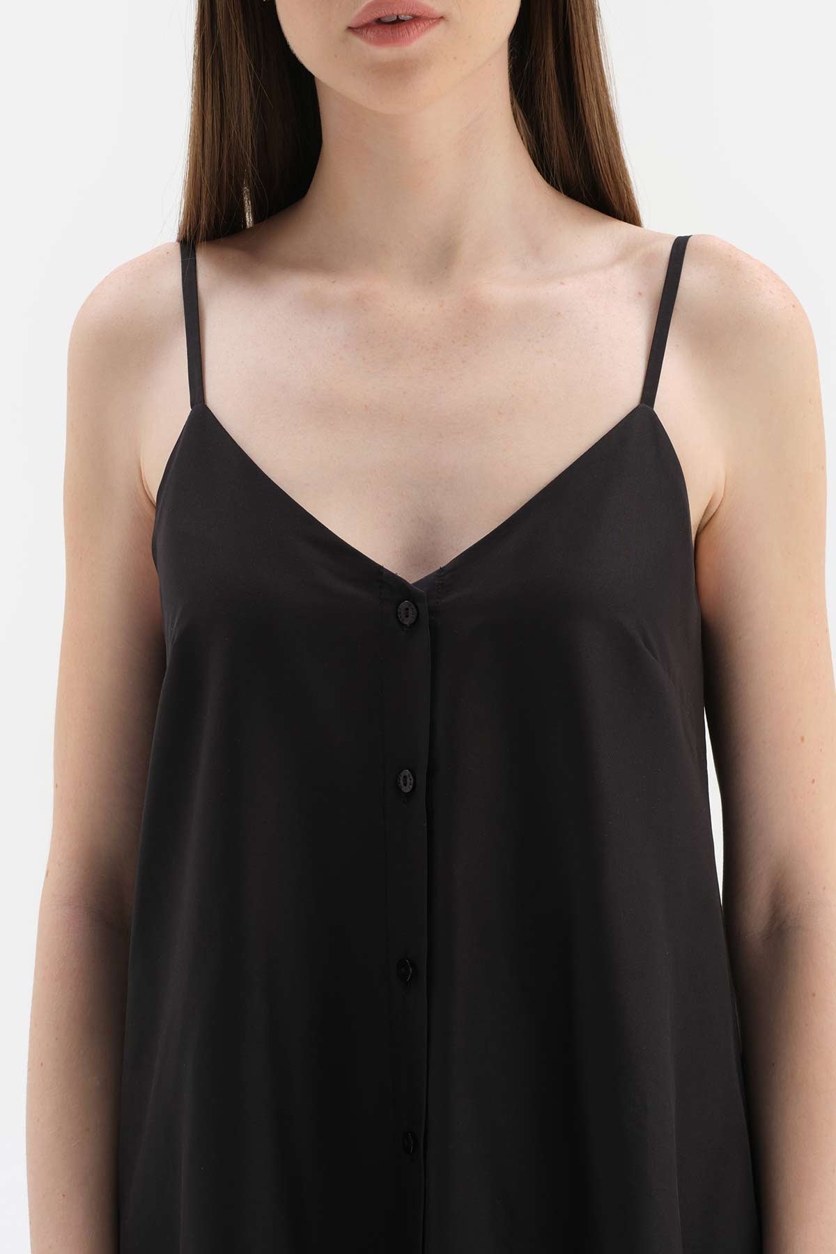 BLACK STRAPPED LONG WOVEN DRESS