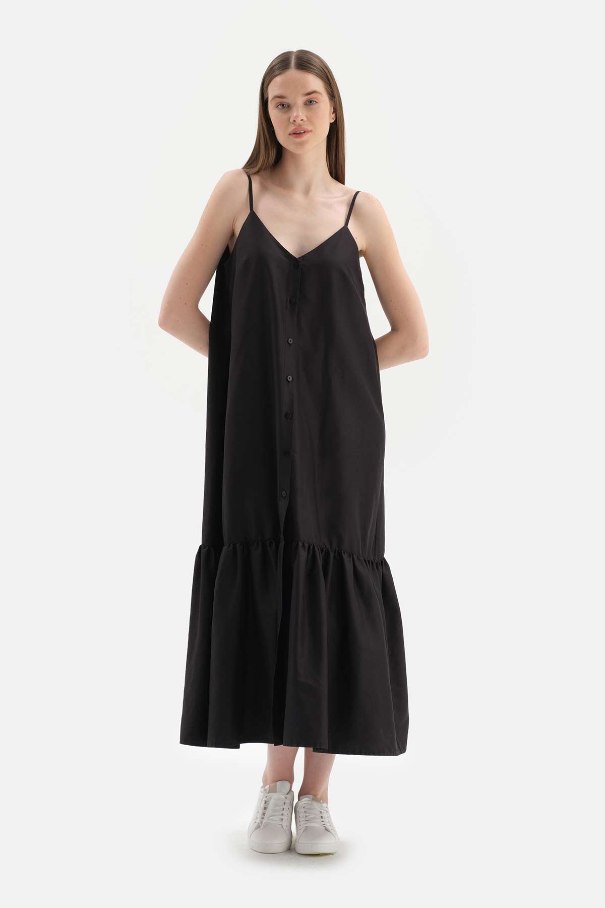 BLACK STRAPPED LONG WOVEN DRESS