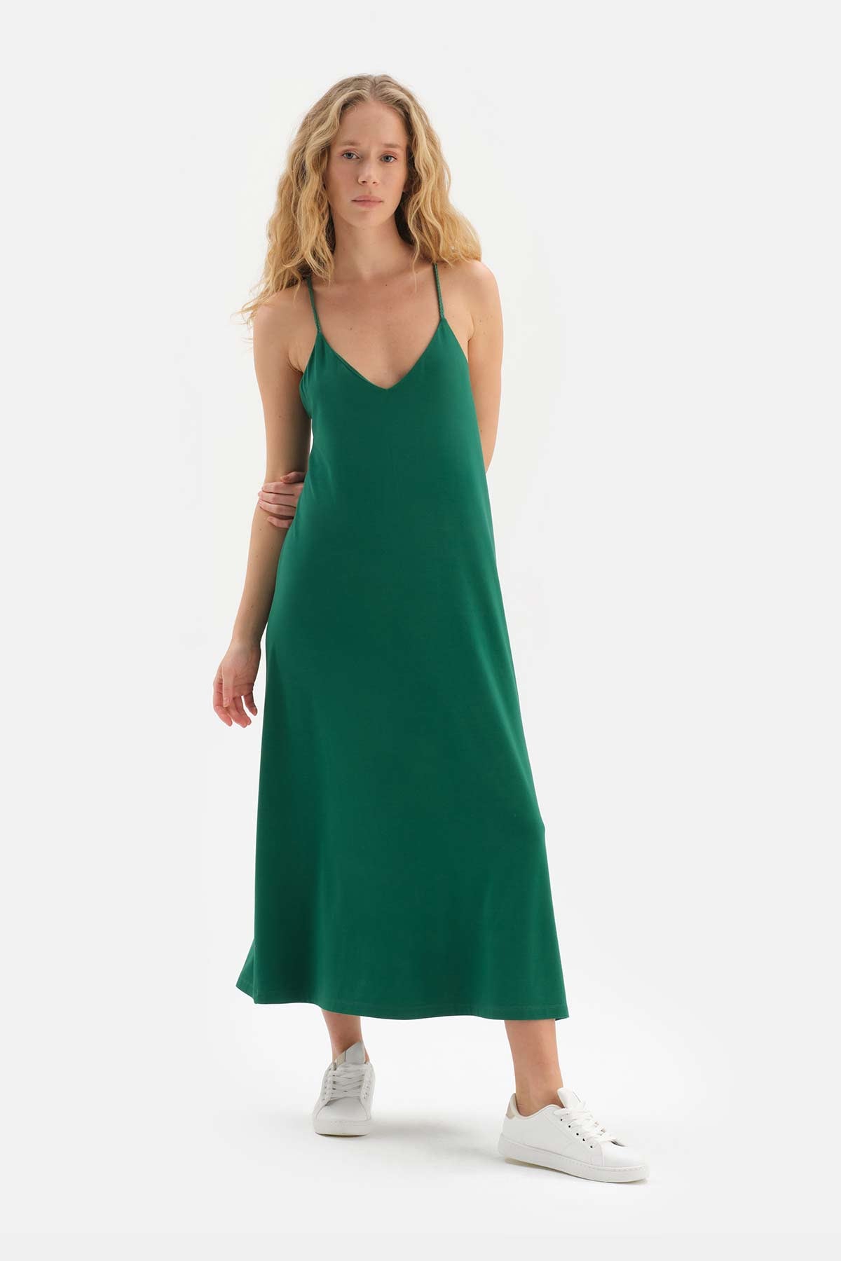 DARK GREEN KNIT DETAILED VISCOSE DRESS