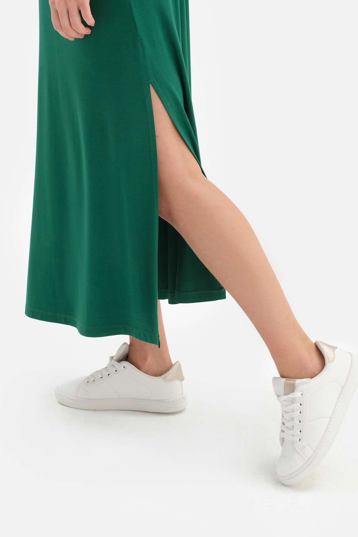 DARK GREEN KNIT DETAILED VISCOSE DRESS