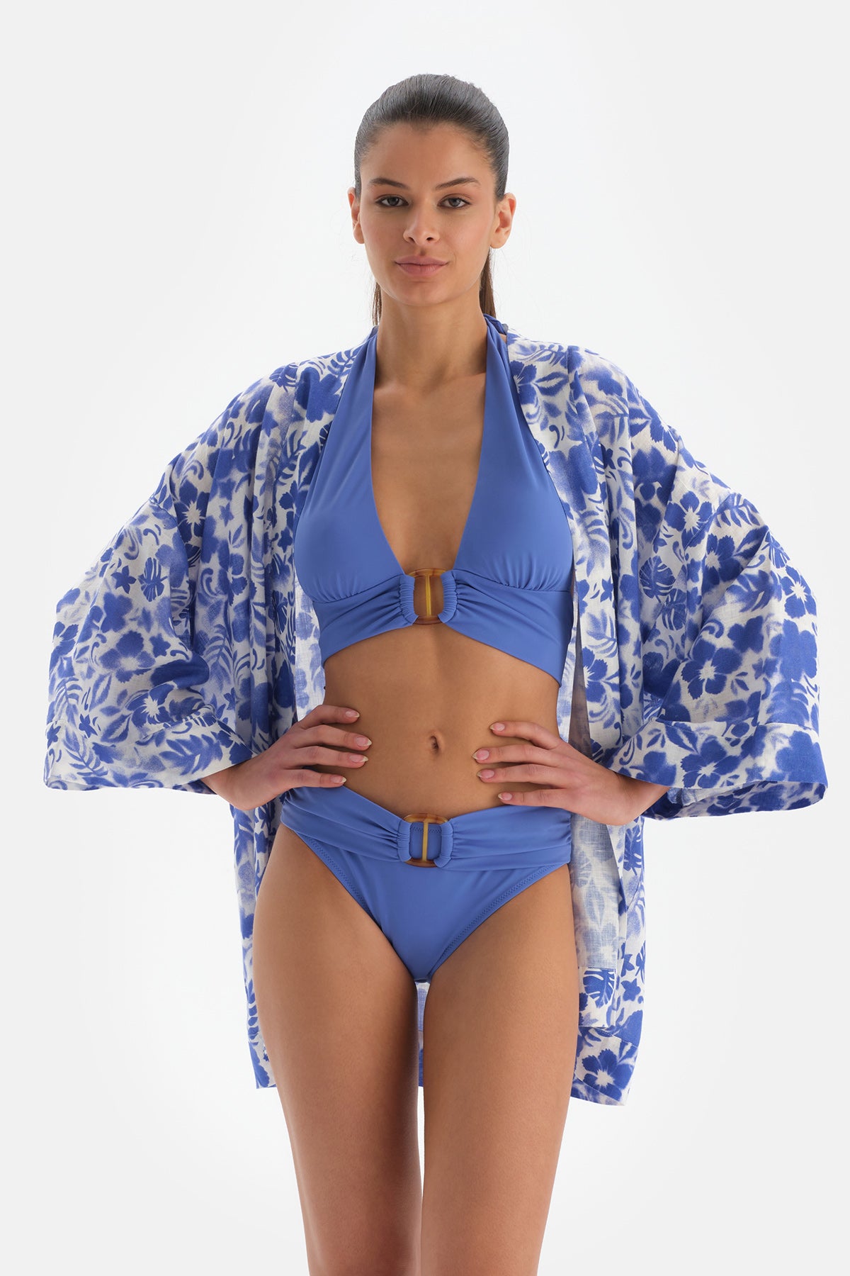 Mavi - Beyaz Keten Kimono