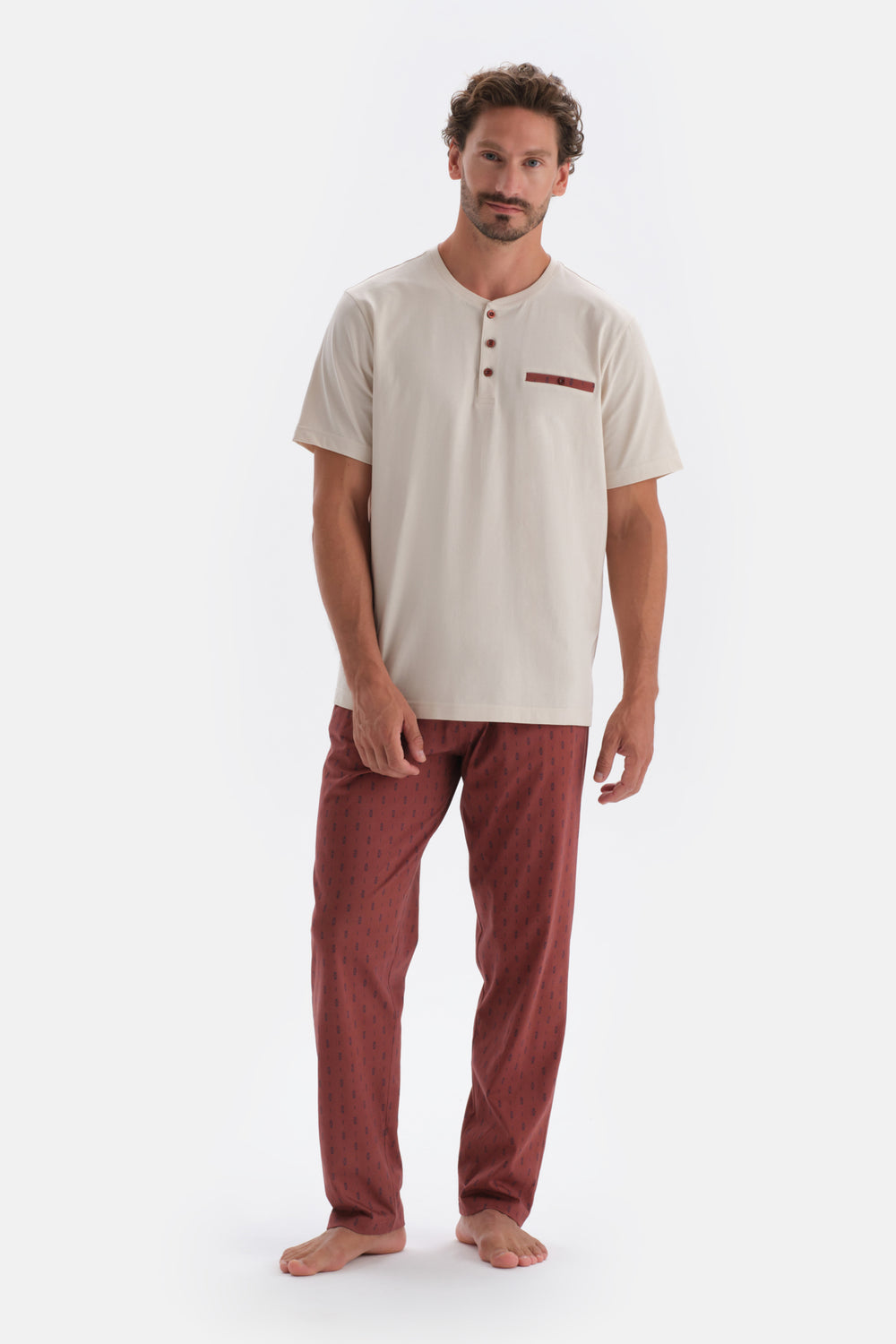 Ecru HALF-PLOT POCKET DETAILED KNITTED PAJAMAS SUIT