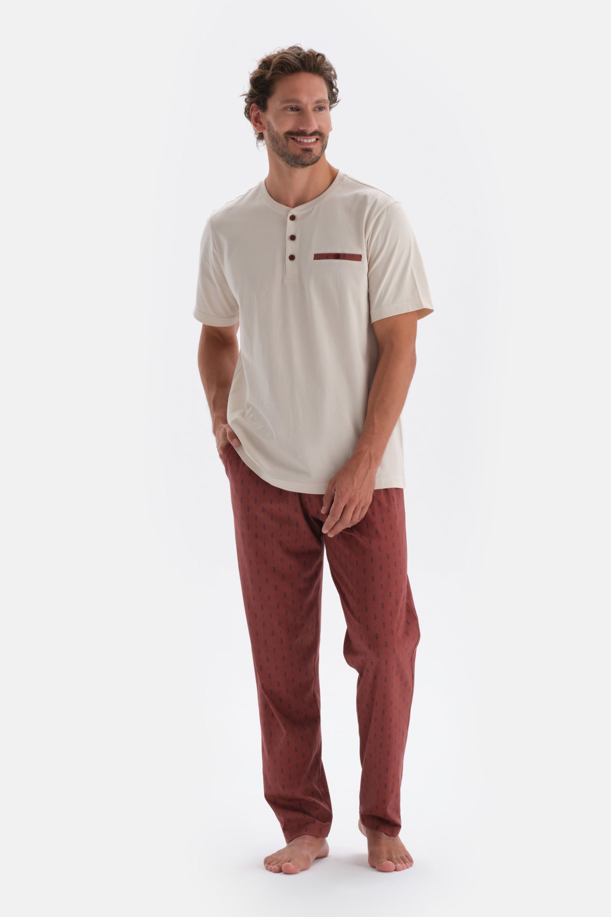 Ecru HALF-PLOT POCKET DETAILED KNITTED PAJAMAS SUIT