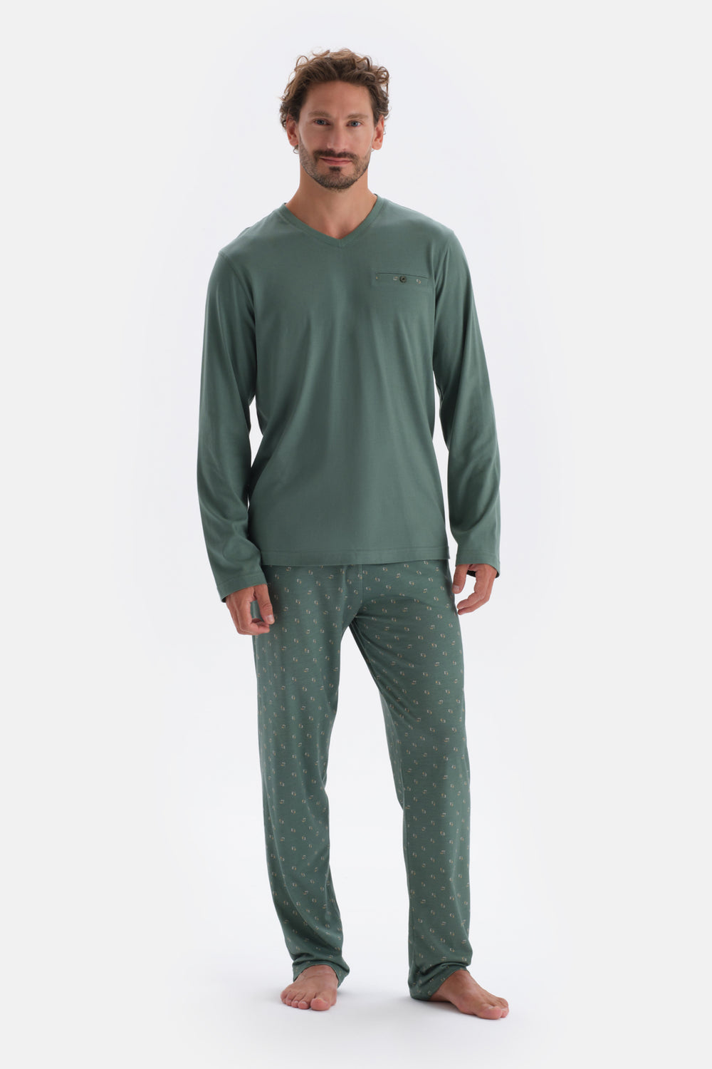 Yeşil V Yaka Uzun Kollu Pamuk Modal Pijama Takımı
