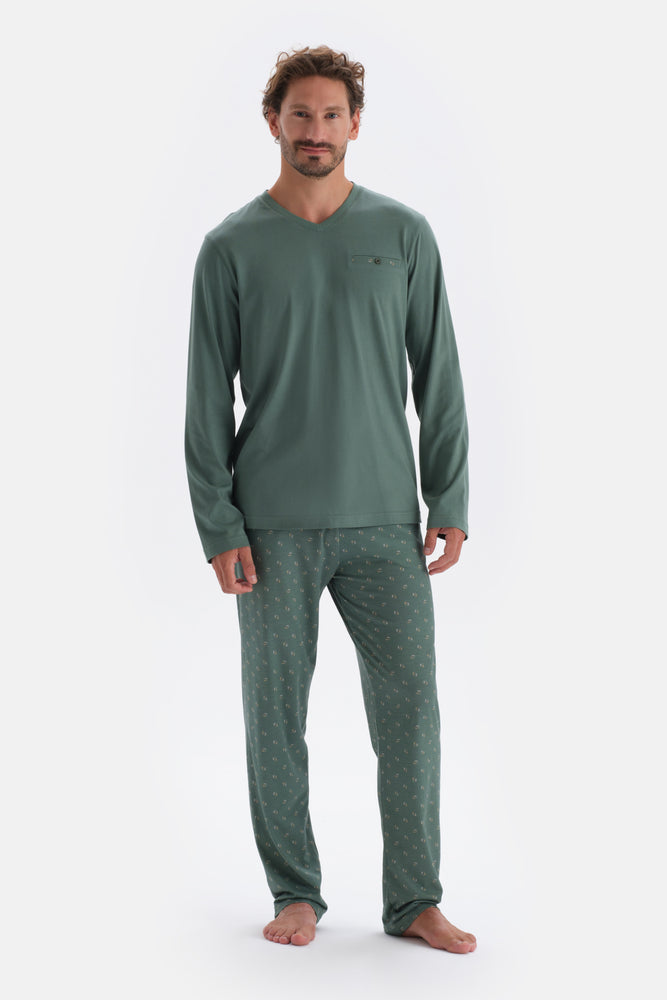 Yeşil V Yaka Uzun Kollu Pamuk Modal Pijama Takımı
