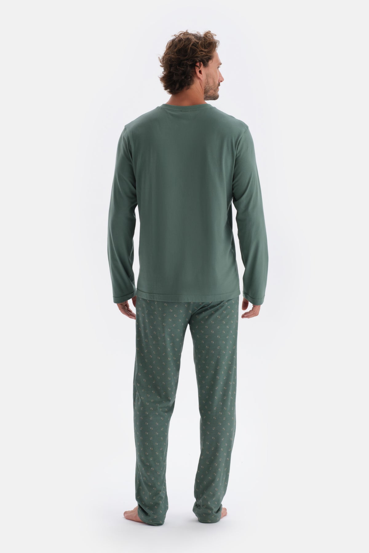 Yeşil V Yaka Uzun Kollu Pamuk Modal Pijama Takımı