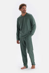 Yeşil V Yaka Uzun Kollu Pamuk Modal Pijama Takımı