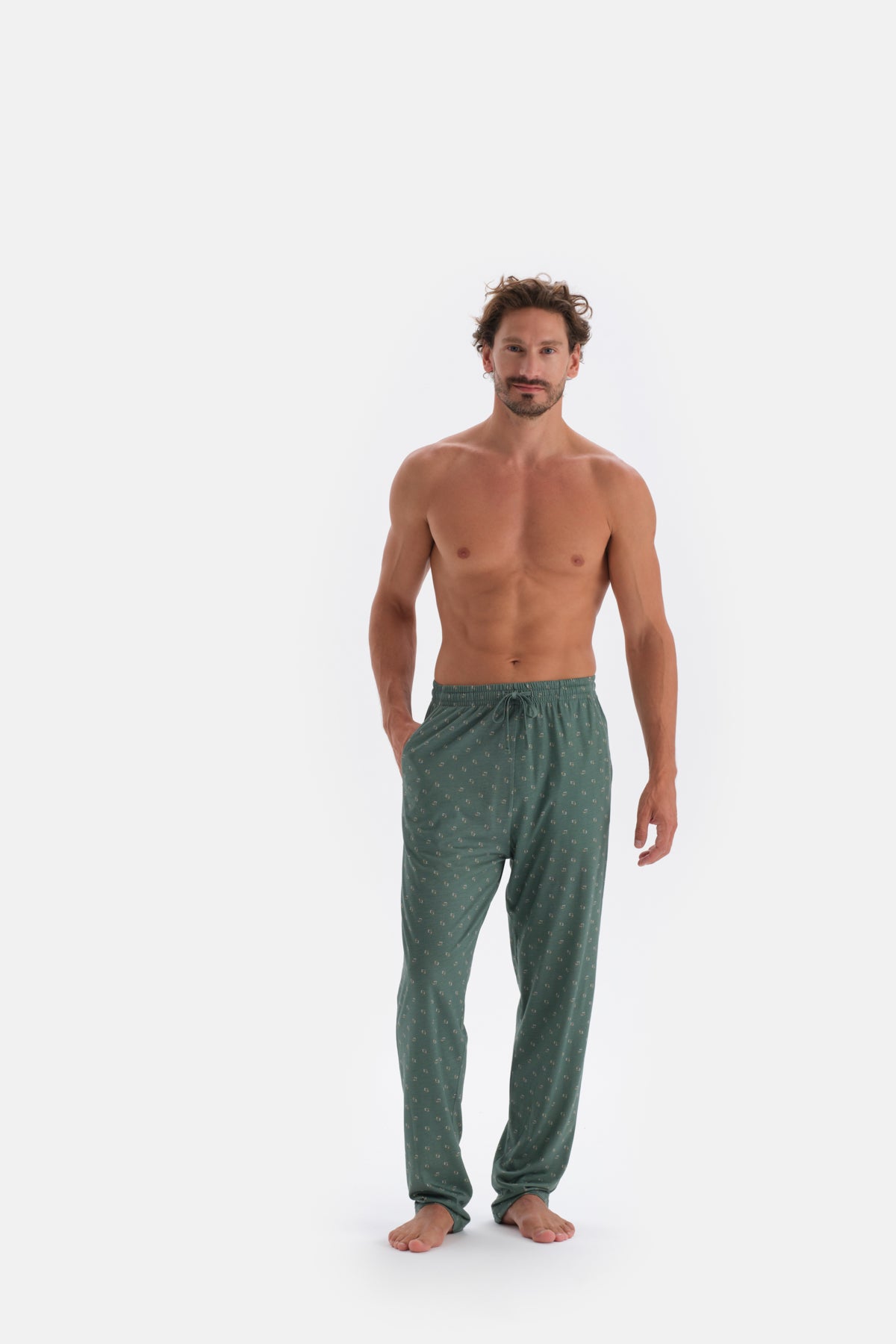 Yeşil V Yaka Uzun Kollu Pamuk Modal Pijama Takımı