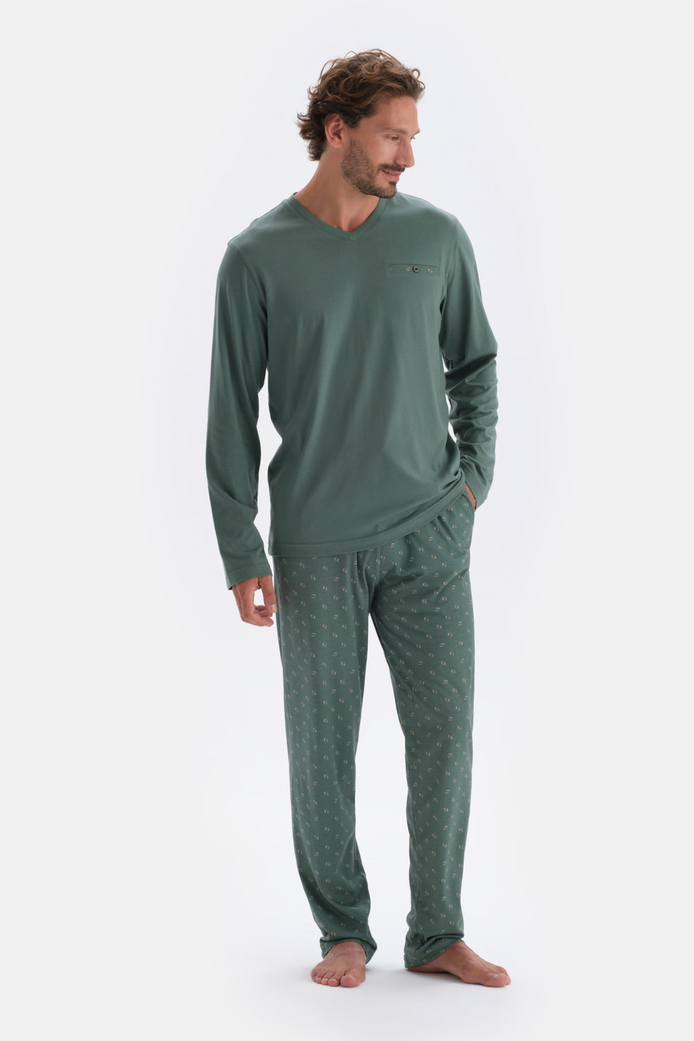 Yeşil V Yaka Uzun Kollu Pamuk Modal Pijama Takımı