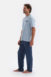 Blue HALF-PLOT POCKET DETAILED SHORT SLEEVE KNITTED PAJAMAS SUIT