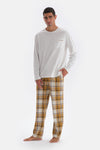 Ecru CREW-NECK  POCKET DETAILED WOVEN BOTTOM PAJAMAS SUIT