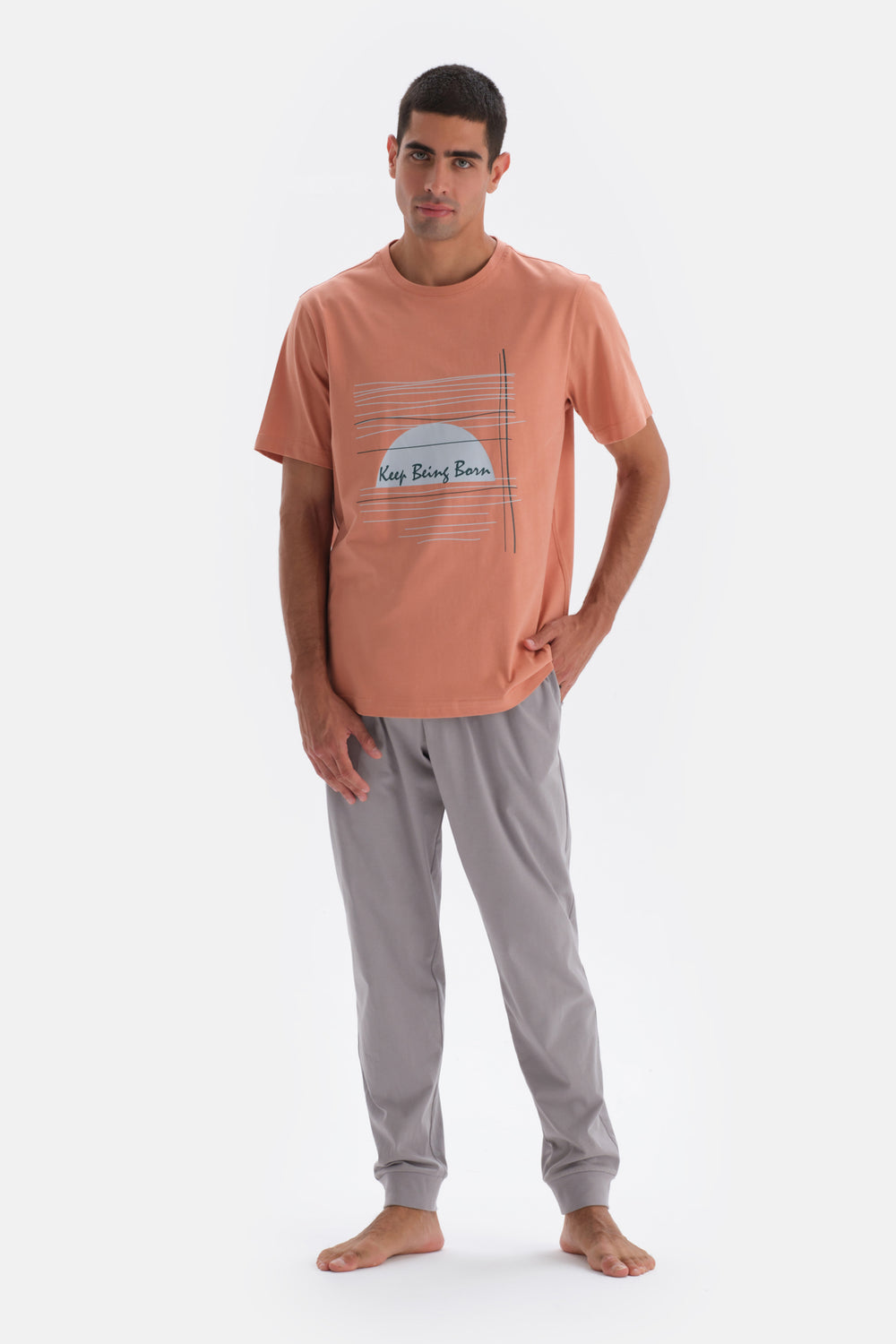 Terracotta CEREW-NECK SHORT SLEEVE PRINT DETAILED PAJAMA SUIT