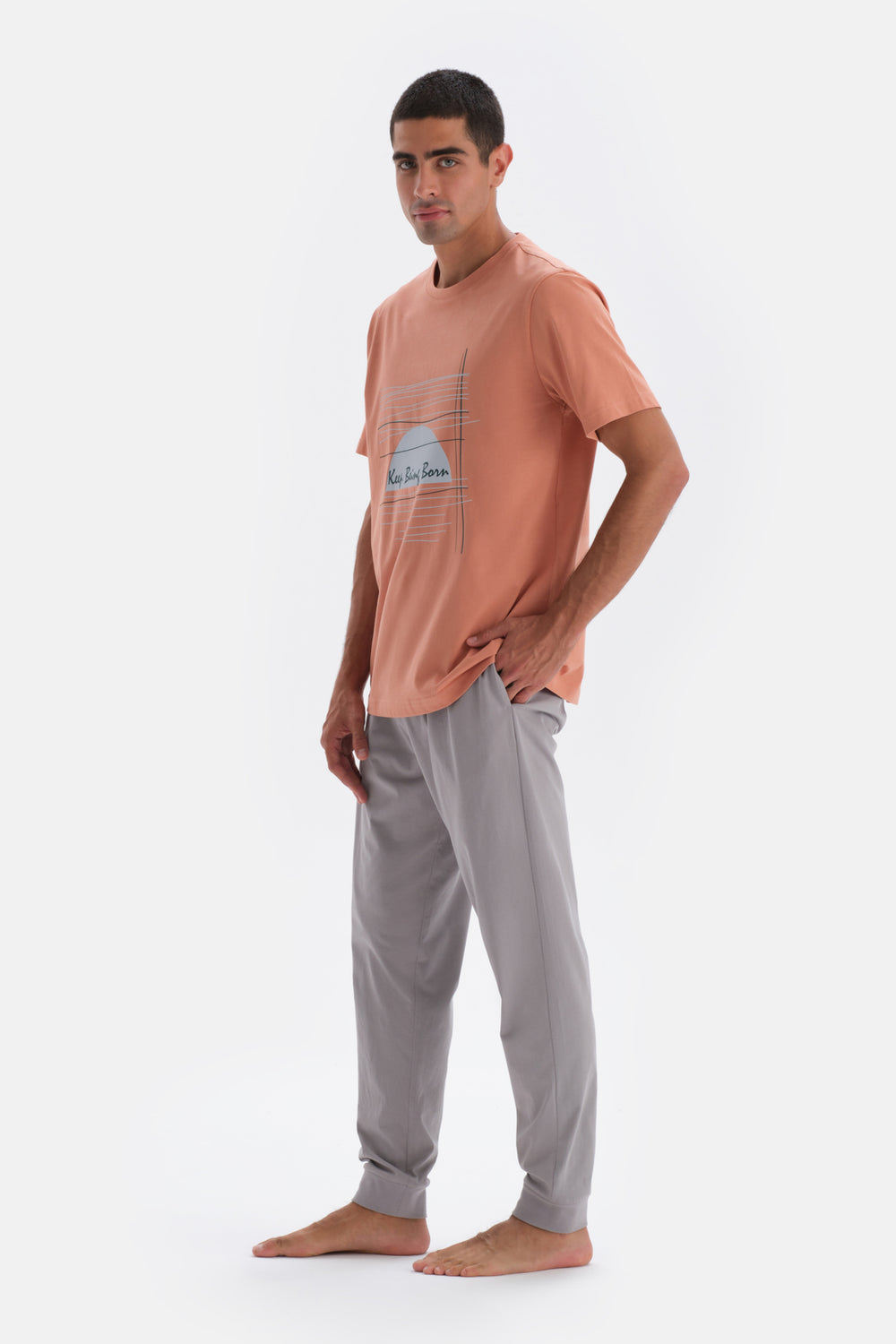 Terracotta CEREW-NECK SHORT SLEEVE PRINT DETAILED PAJAMA SUIT