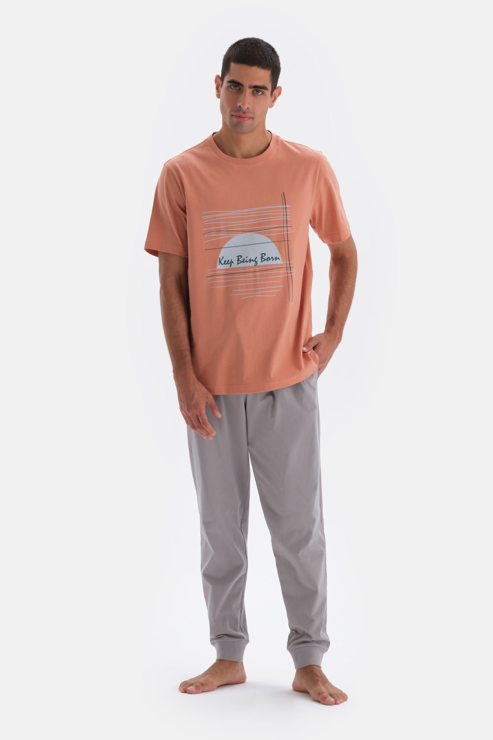 Terracotta CEREW-NECK SHORT SLEEVE PRINT DETAILED PAJAMA SUIT