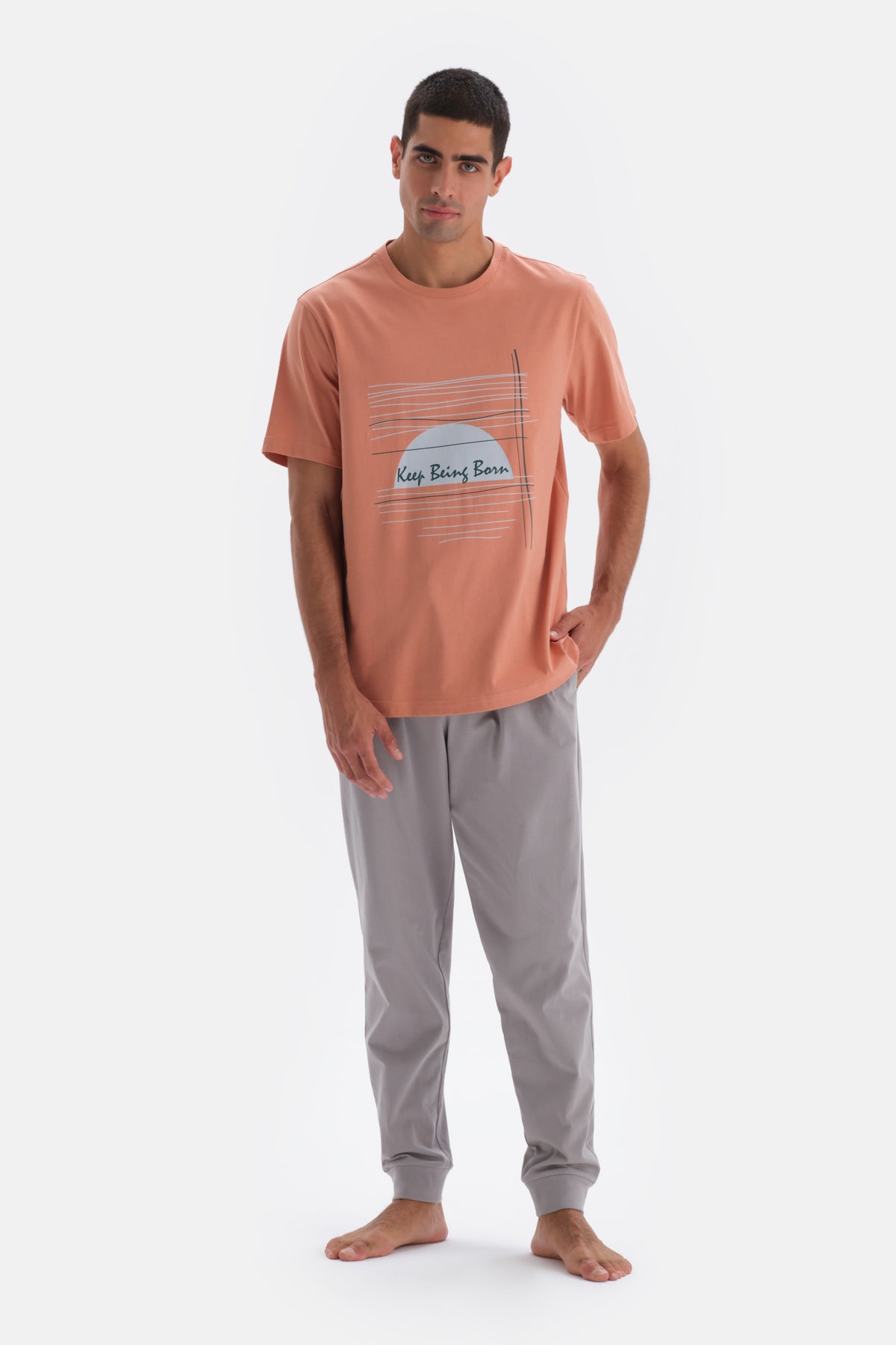 Terracotta CEREW-NECK SHORT SLEEVE PRINT DETAILED PAJAMA SUIT