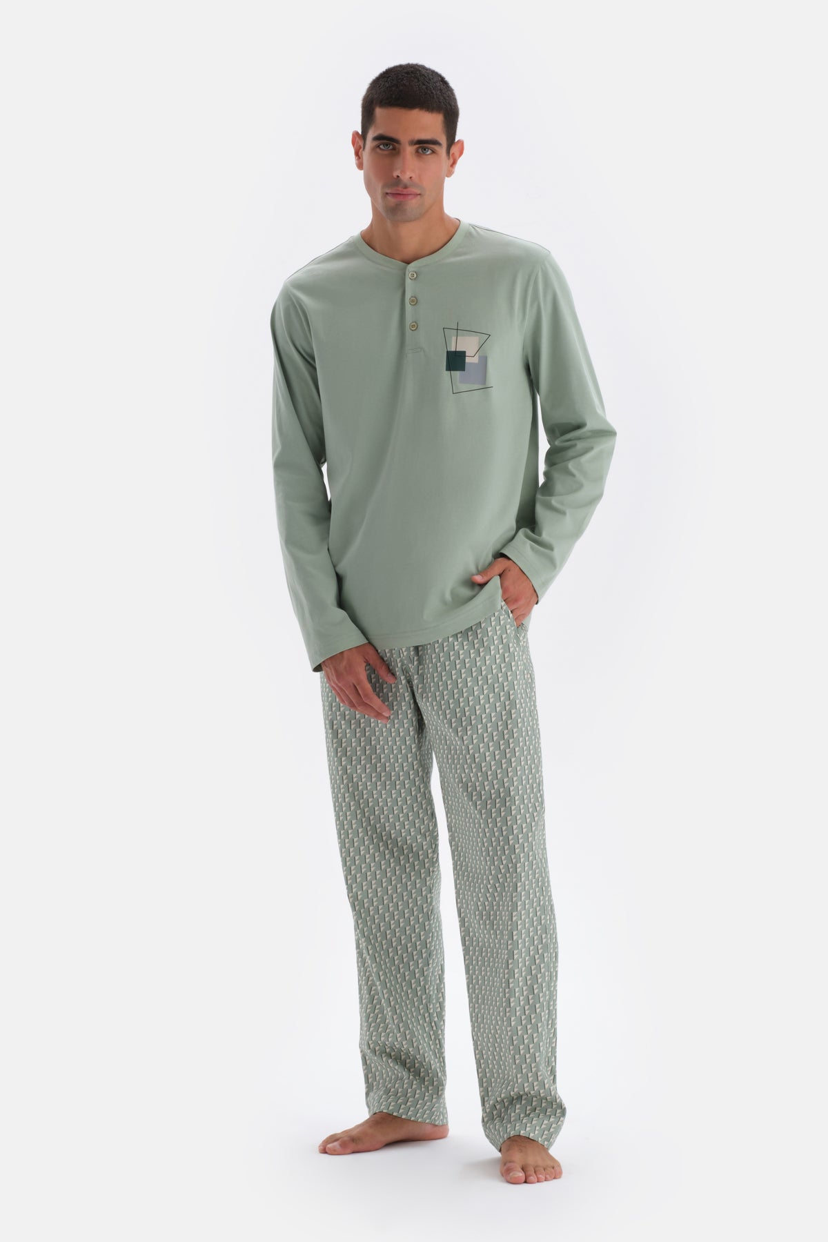 Mint Green LONG SLEEVE PRINT DETAILED PAJAMAS SUIT WITH HALF-PLOT