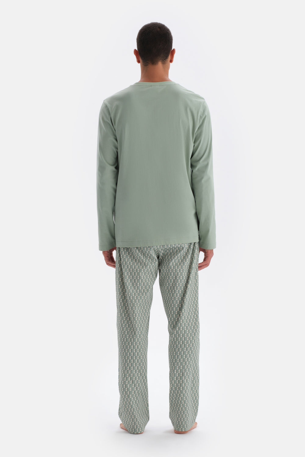 Mint Green LONG SLEEVE PRINT DETAILED PAJAMAS SUIT WITH HALF-PLOT