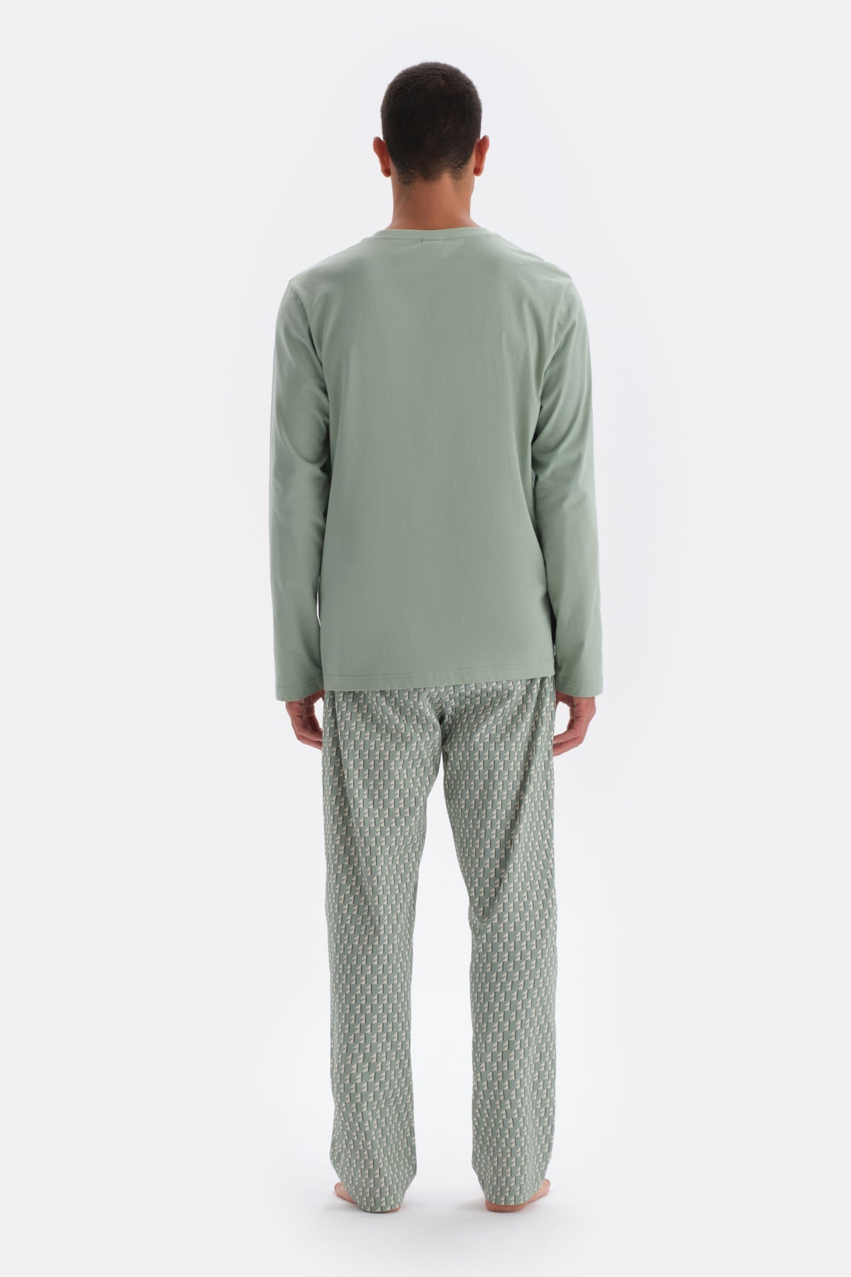 Mint Green LONG SLEEVE PRINT DETAILED PAJAMAS SUIT WITH HALF-PLOT