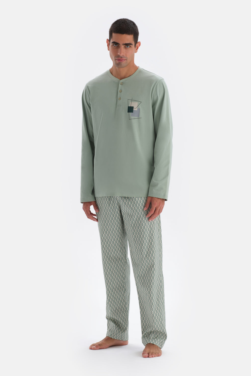 Mint Green LONG SLEEVE PRINT DETAILED PAJAMAS SUIT WITH HALF-PLOT