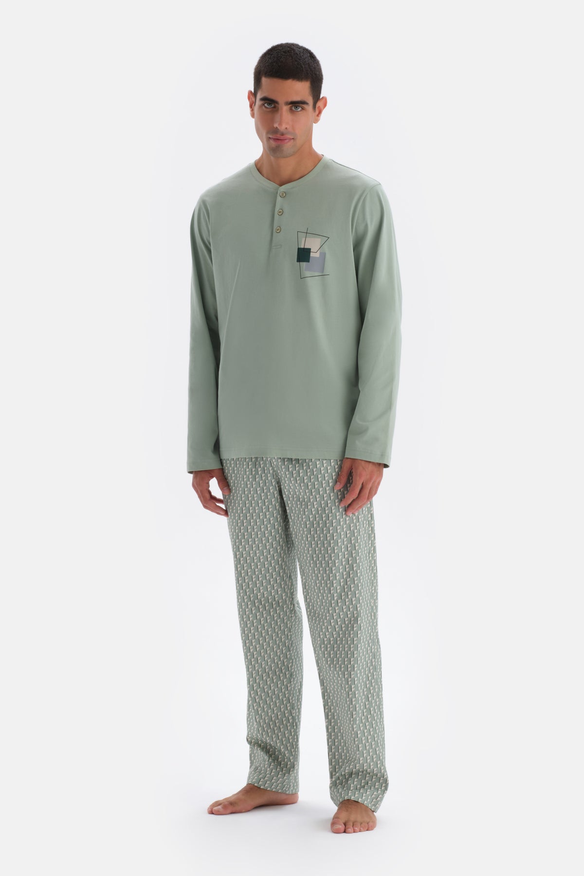 Mint Green LONG SLEEVE PRINT DETAILED PAJAMAS SUIT WITH HALF-PLOT