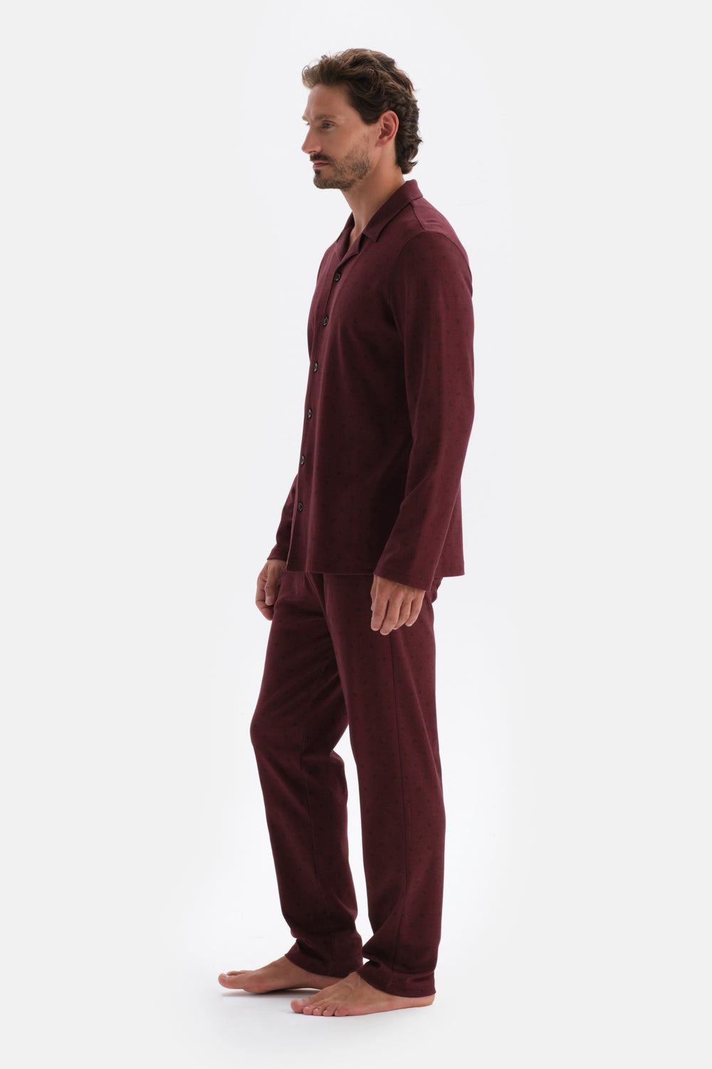 Bordo Mıkroprınt Metraj Baskılı Pamuklu Pijama Takımı