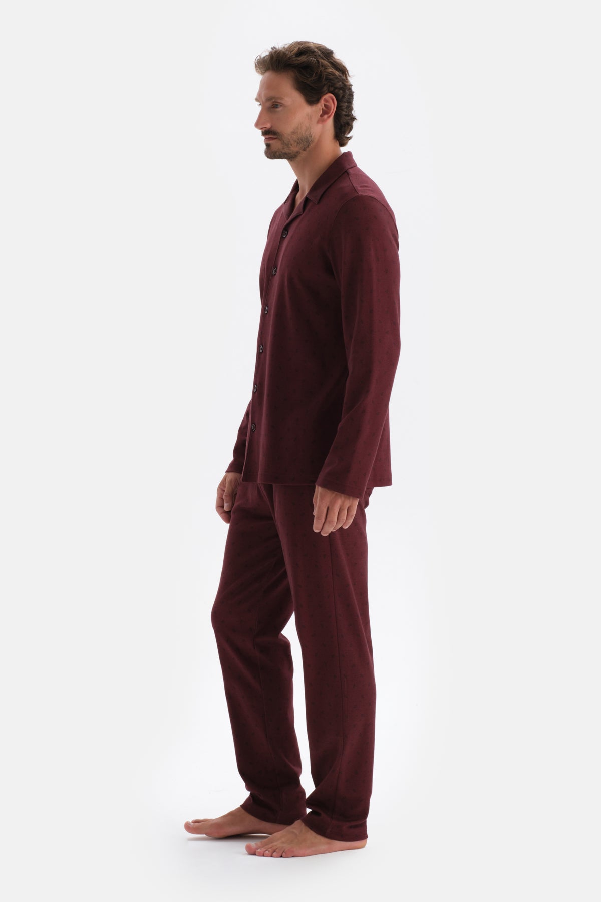 Bordo Mıkroprınt Metraj Baskılı Pamuklu Pijama Takımı
