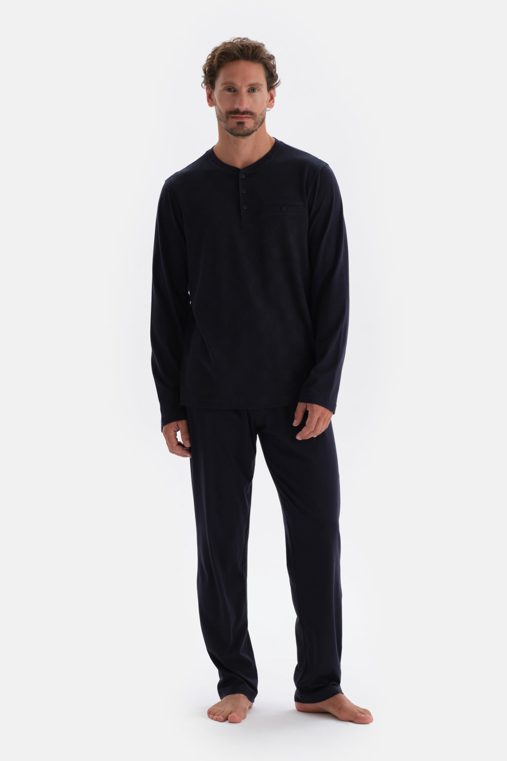 Navy JACQUARD T-SHIRT PANTS KNITTED PAJAMAS SUIT