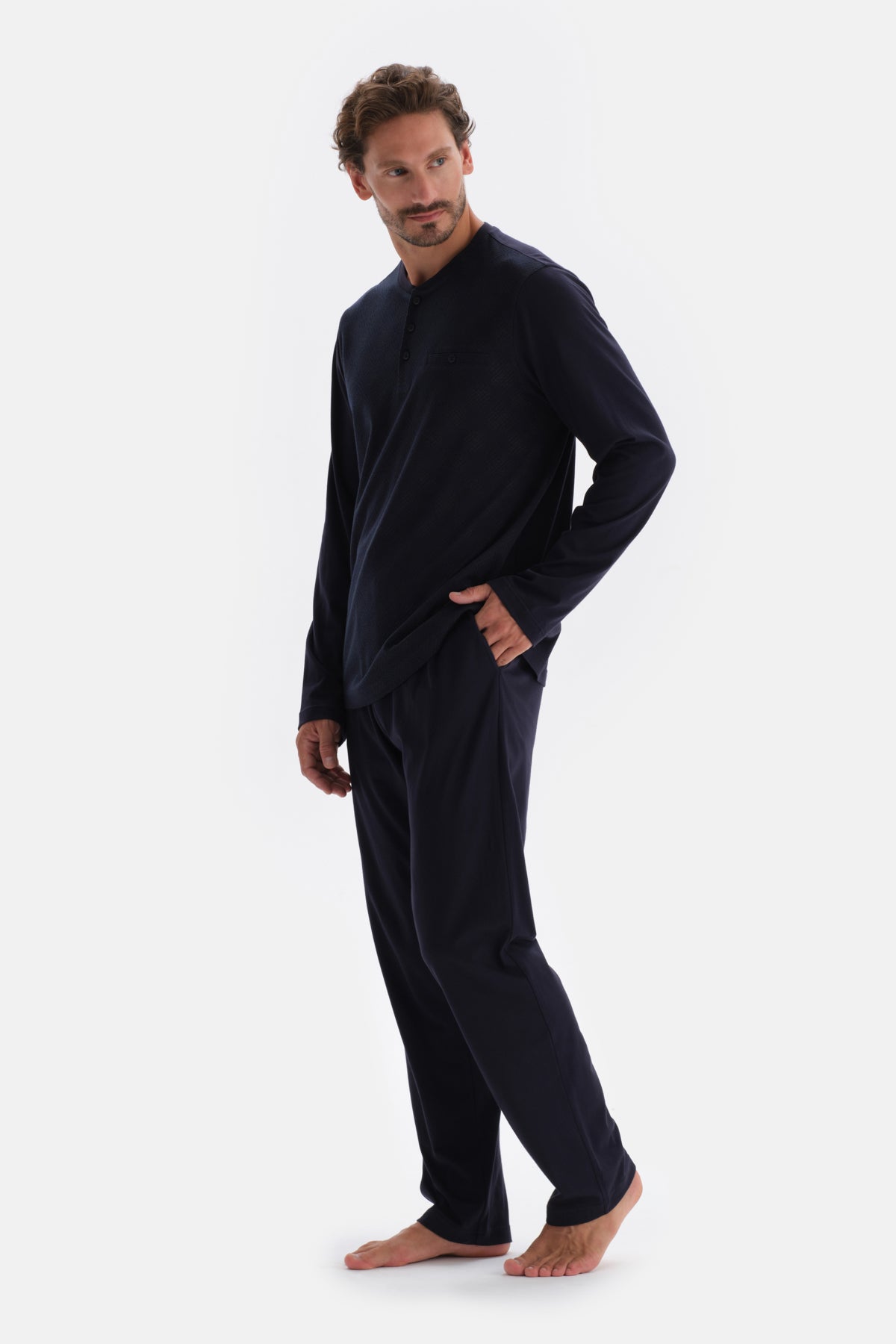 Navy JACQUARD T-SHIRT PANTS KNITTED PAJAMAS SUIT