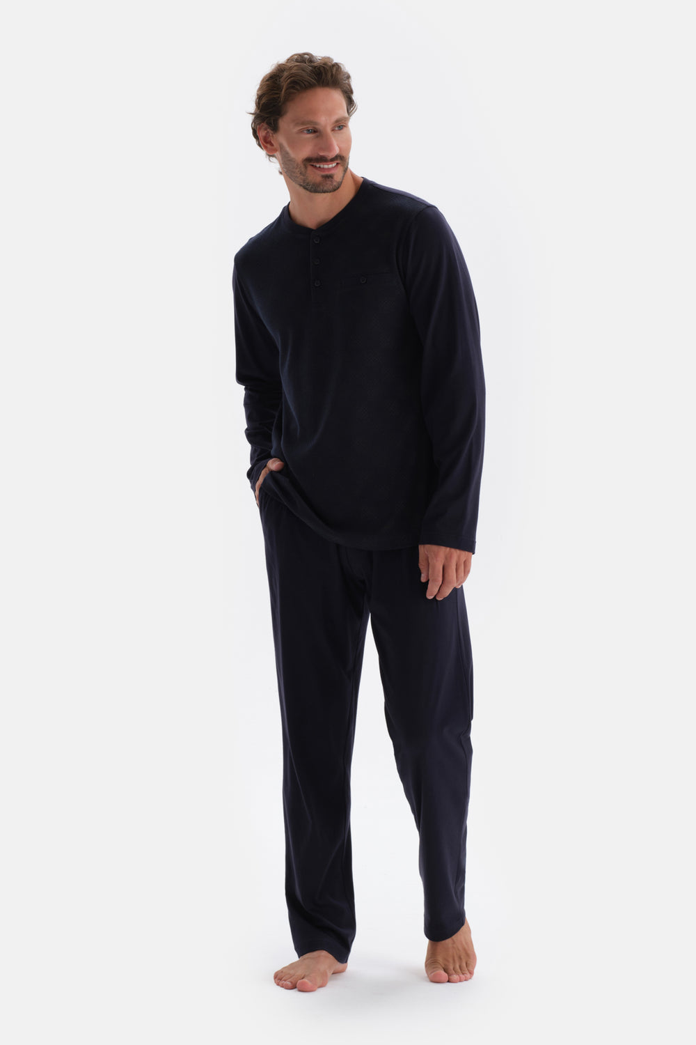 Navy JACQUARD T-SHIRT PANTS KNITTED PAJAMAS SUIT