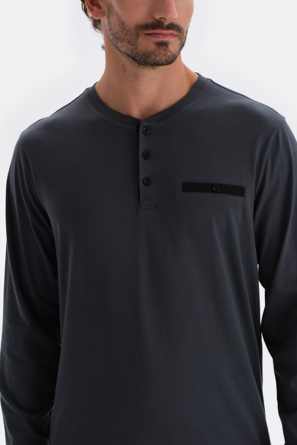 Anthracite HALF-PLOT LONG SLEEVE COTTON MODAL PAJAMAS SUIT