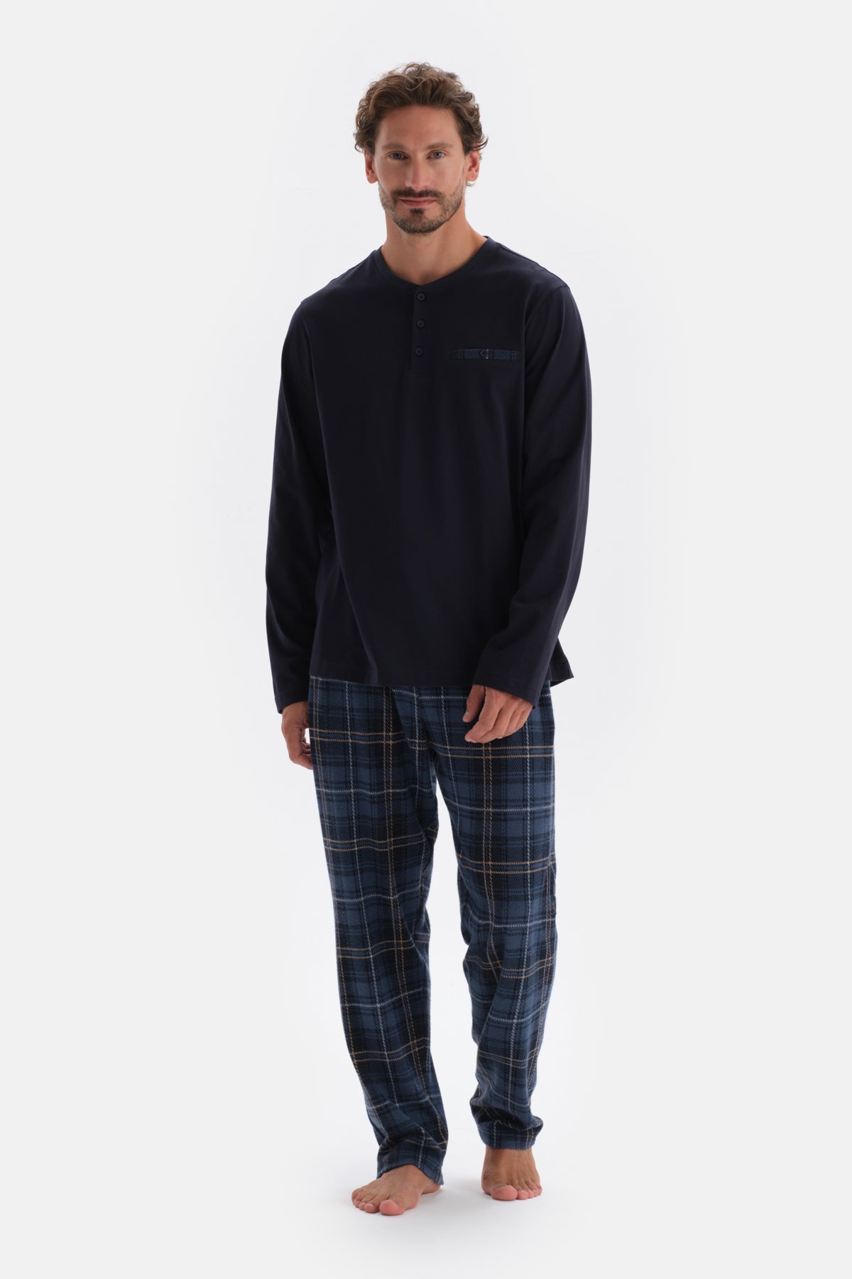 Lacivert Yarım Patlı Uzun Kol Pamuklu Pijama Takımı
