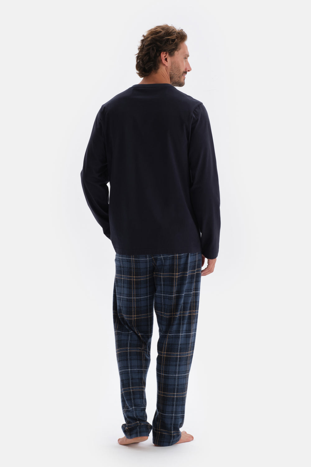 Lacivert Yarım Patlı Uzun Kol Pamuklu Pijama Takımı