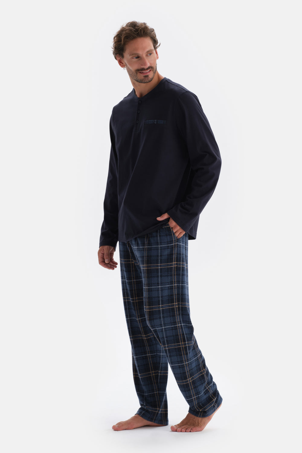 Lacivert Yarım Patlı Uzun Kol Pamuklu Pijama Takımı