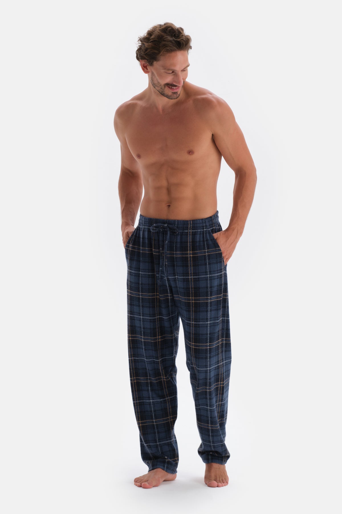Lacivert Yarım Patlı Uzun Kol Pamuklu Pijama Takımı